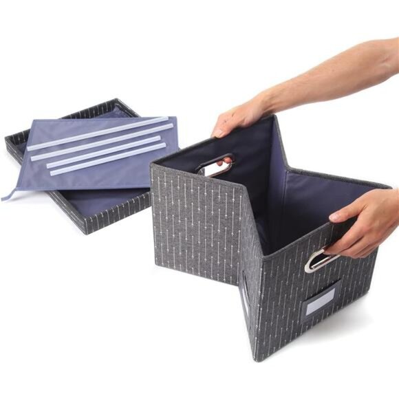 Collapsible File Storage Organizer Box with Lid - Decorative Hanging Filing - Picture 2 of 6